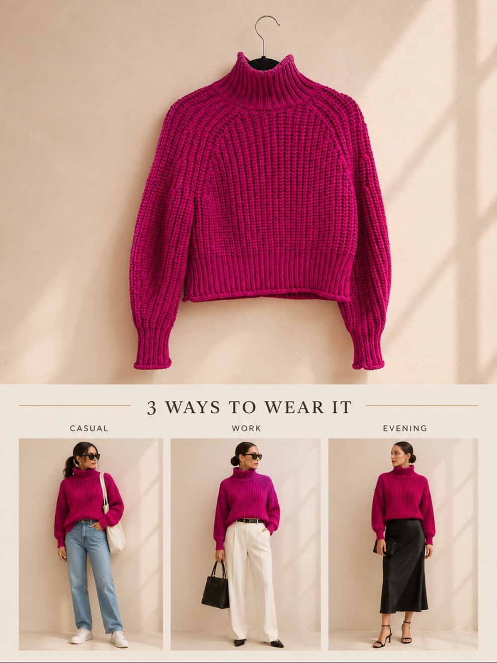 H&M Hot Pink Chunky Knit Mock Neck Cropped Sweater XS